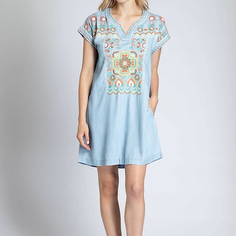 APNY Floral Embroidered V-Neck Tunic Dress